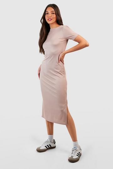 Stone Beige Ribbed Split Detail Midi T-shirt Dress