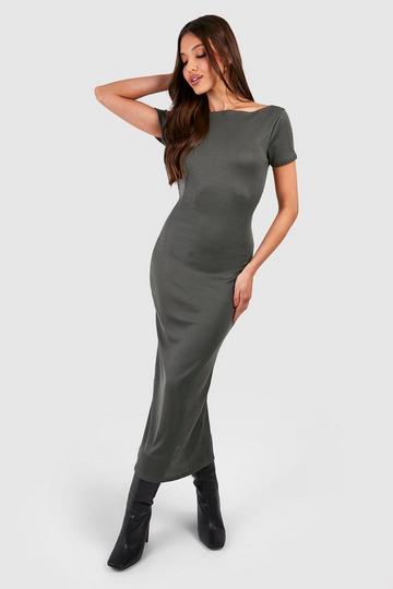 Ribbed Open Back Midi Dress khaki