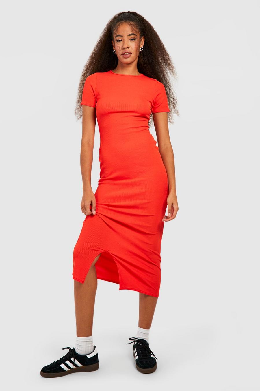 Orange Ribbed Split Detail Midaxi T-shirt Dress
