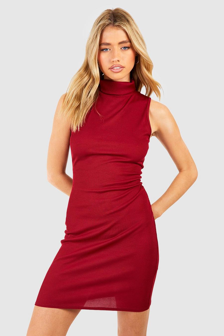 Berry Ribbed Roll Neck Mini Bodycon Dress image number 1