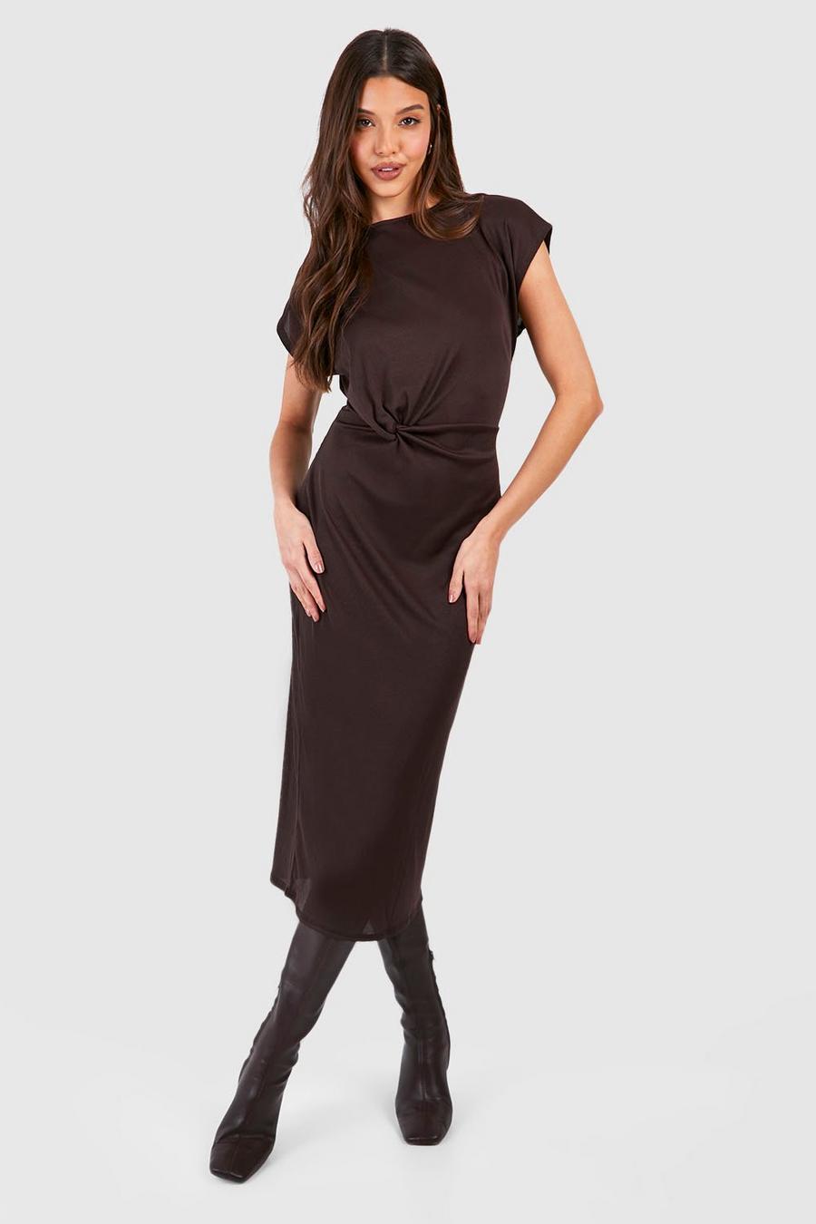 Chocolate Ribbed Knot Side Detail Midi Dress image number 1