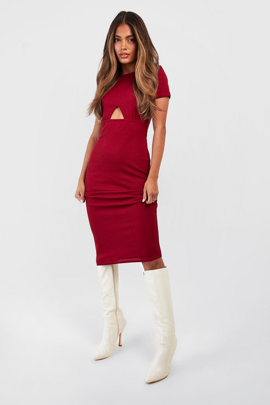 Berry red Ribbed Cut Out Detail Midi Dress