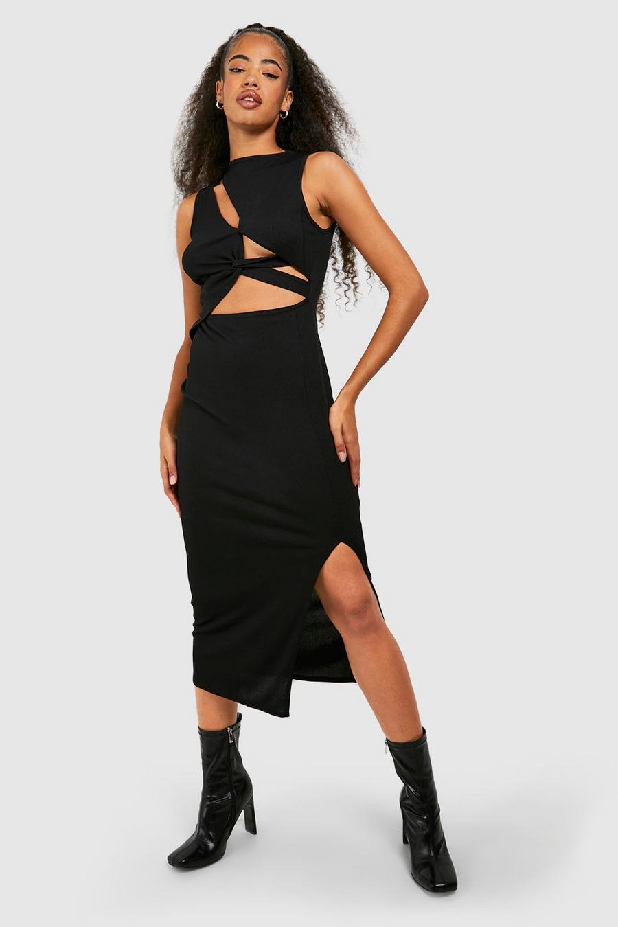 Black Ribbed Cut Out Twist Detail Sleeveless Midi Dress