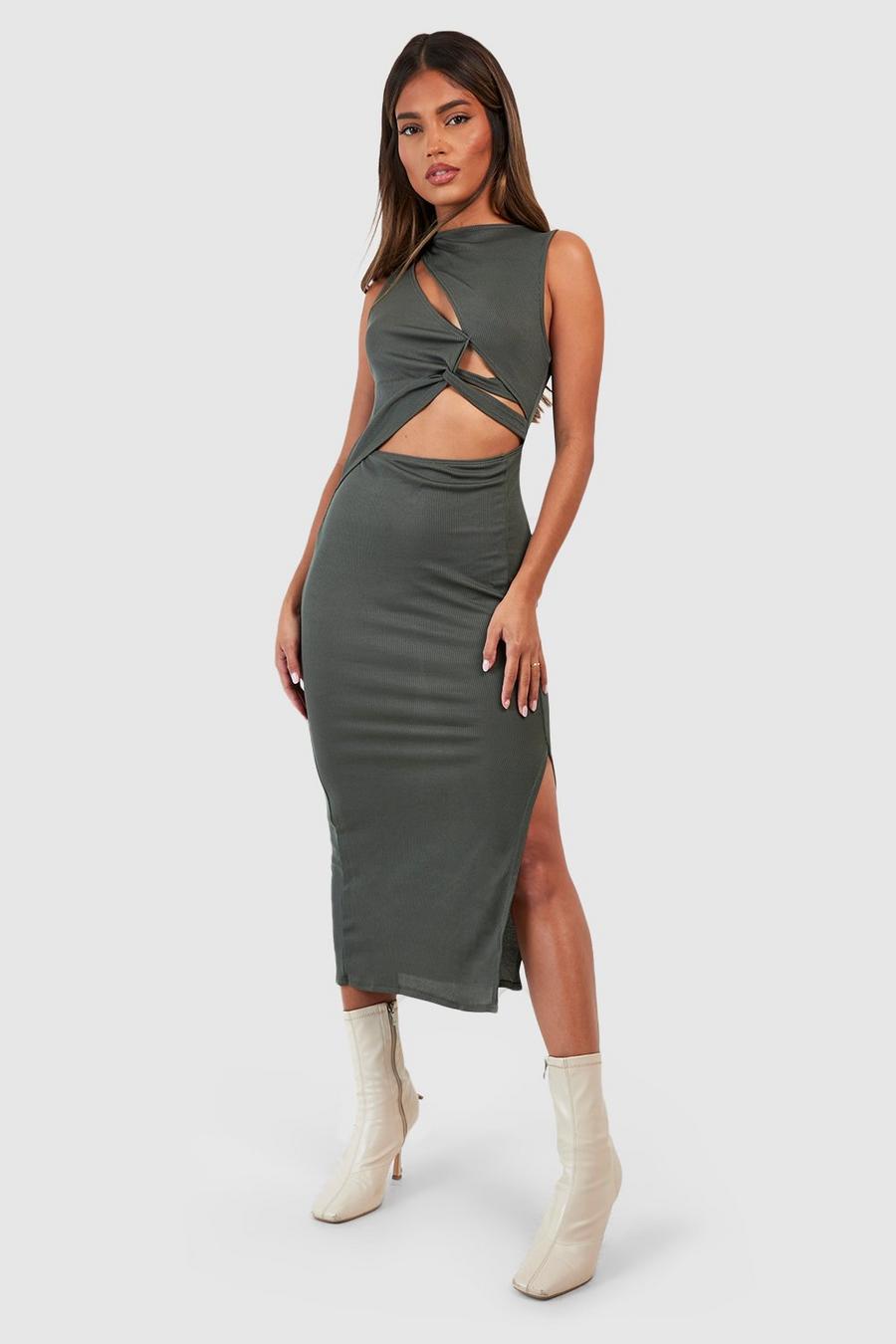 Olive Ribbed Cut Out Twist Detail Sleeveless Midi Dress image number 1