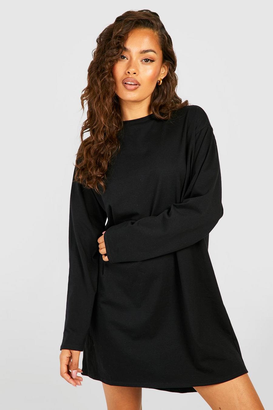 Black Oversized Long Sleeve Dipped Hem T-shirt Dress image number 1