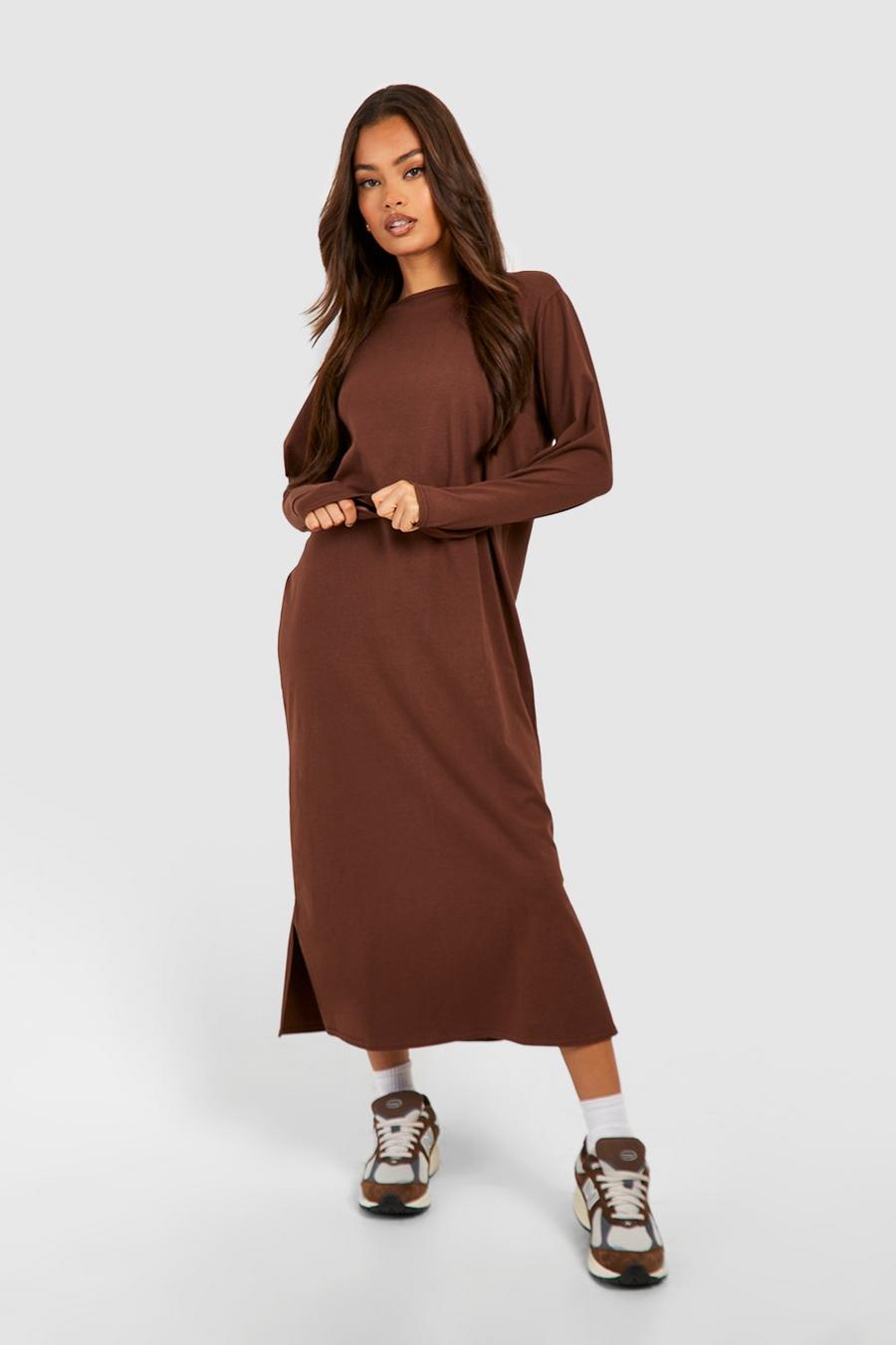 Chocolate Oversized Long Sleeve Midi T-Shirt Dress image number 1