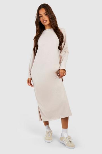 Stone Beige Oversized Long Sleeve Midaxi T-shirt Dress