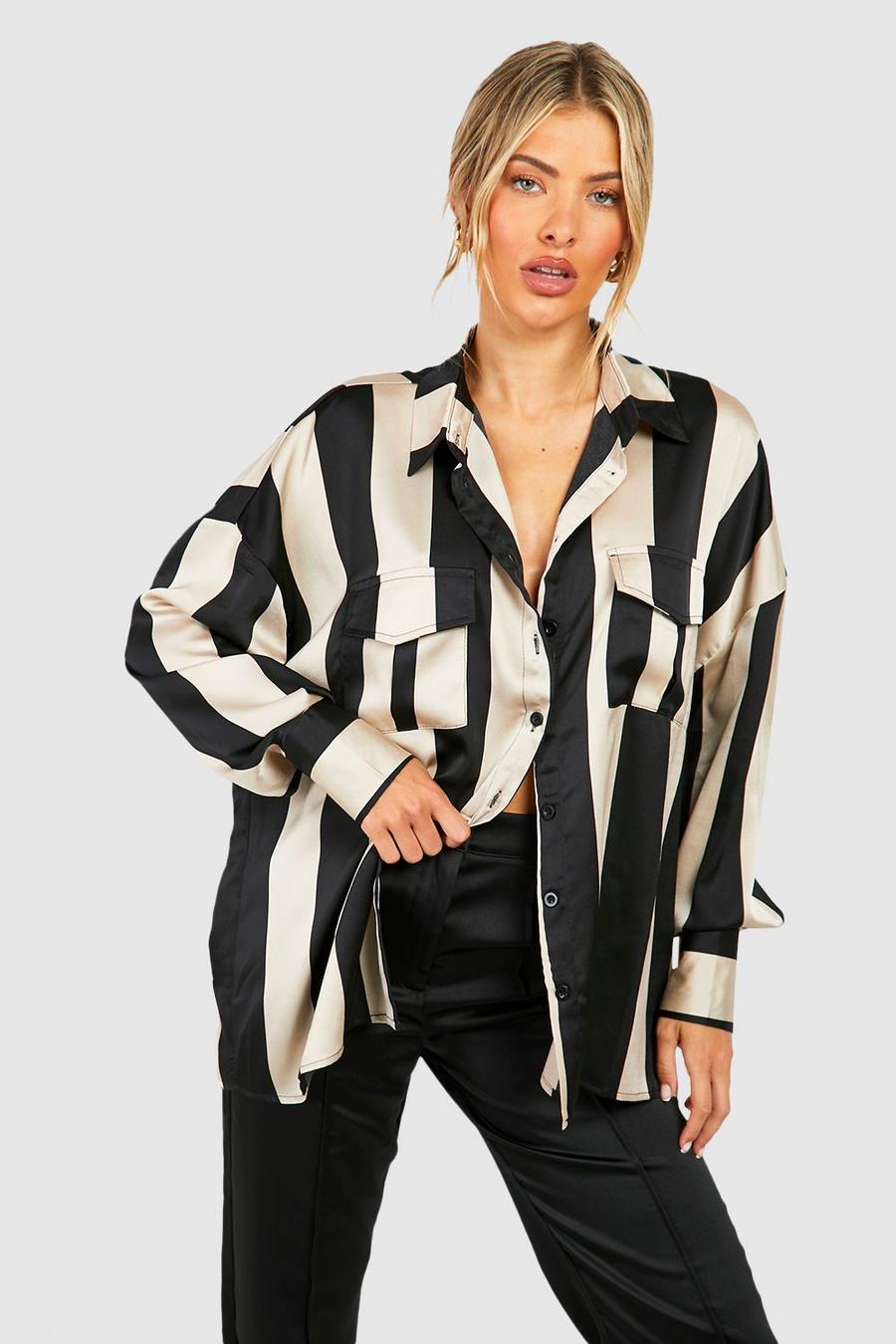 Camicia oversize a righe ampie, Black image number 1