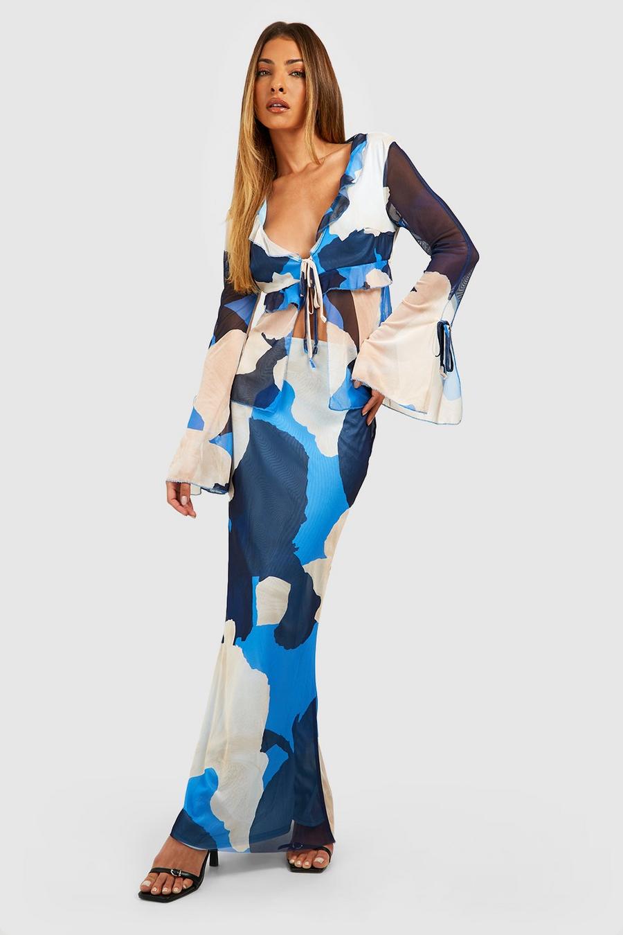 Blue Abstract Floral Mesh Maxi Skirt  image number 1