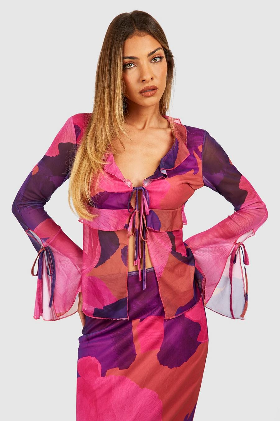 Magenta Abstract Floral Mesh Ruffle Flared Sleeve Blouse