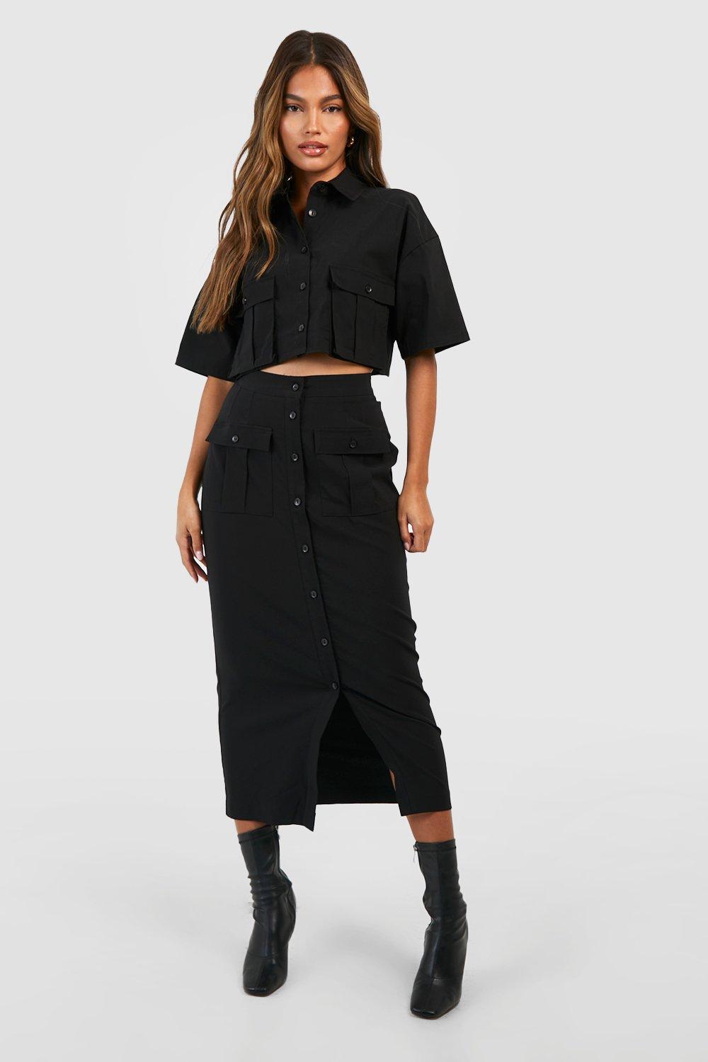 Boohoo Women s Cargo Pocket Split Front Midaxi Skirt Black