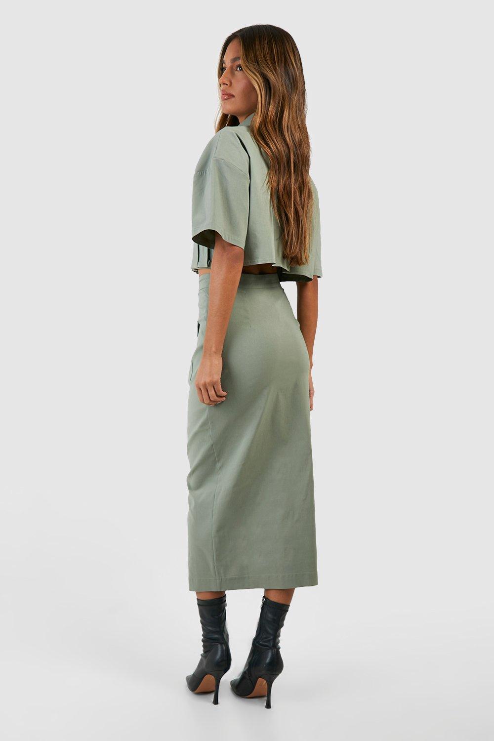 Khaki midi clearance skirt with pockets