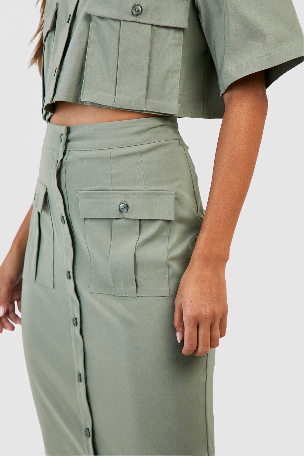 Khaki midi outlet skirt with pockets