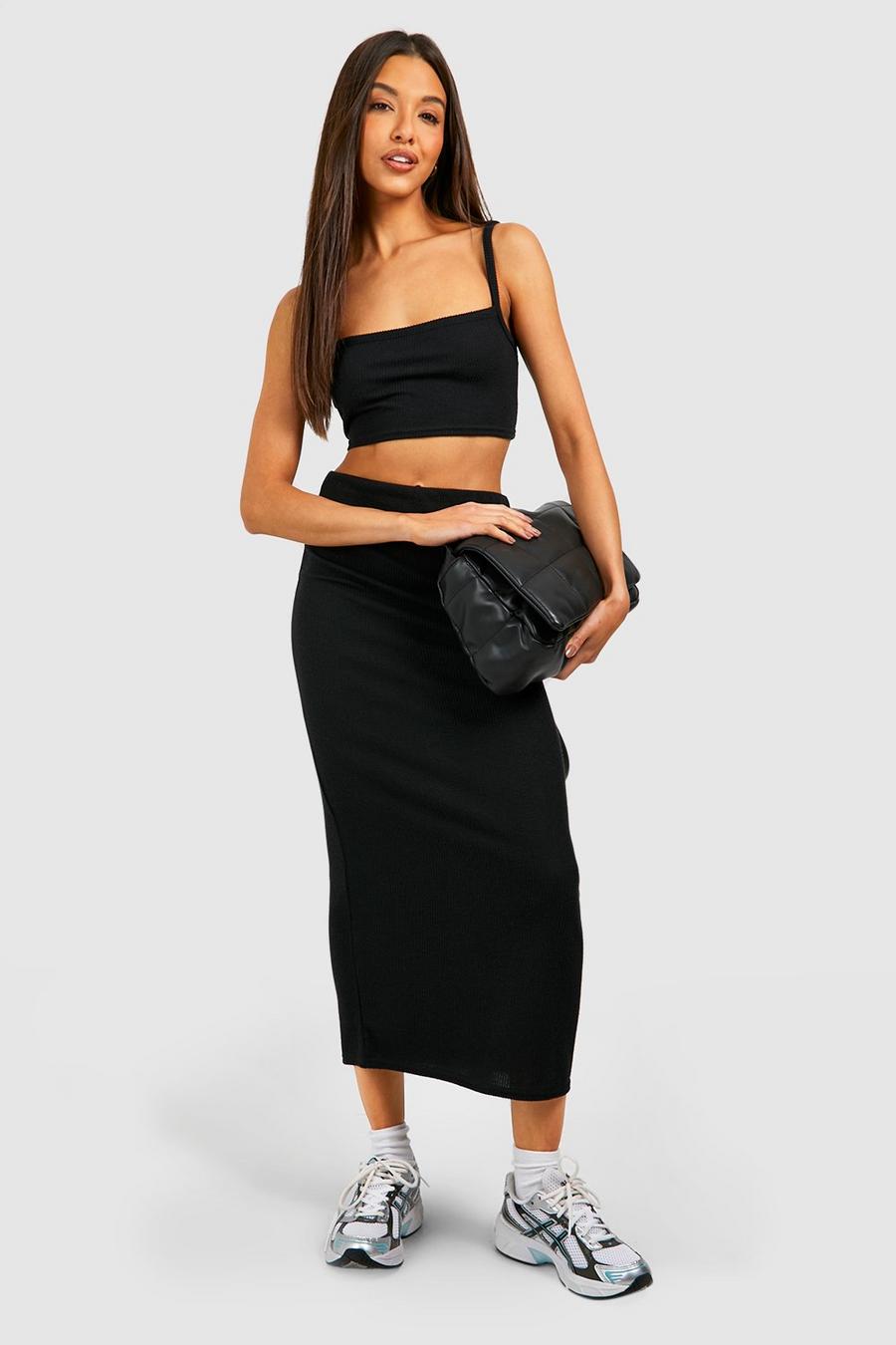 Black Ribbed Column Midaxi Skirt