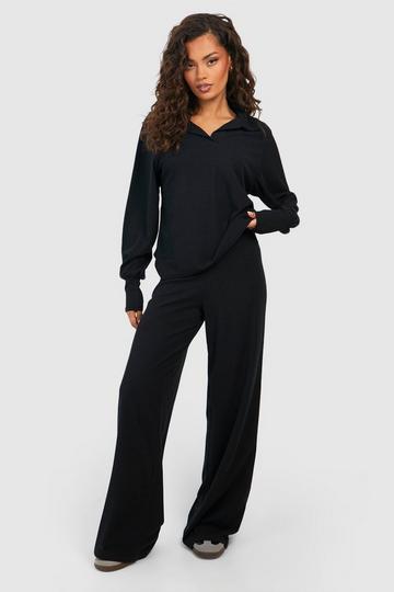 Black Ribbed Wide Leg Pants