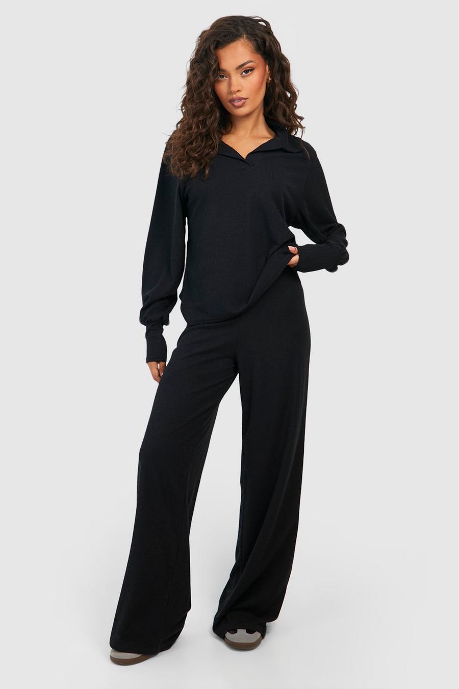 Black Ribbed Wide Leg Trousers image number 1