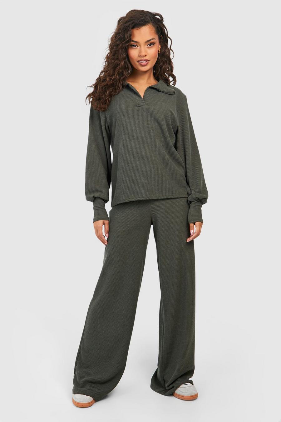 Khaki Ribbed Wide Leg Trousers image number 1