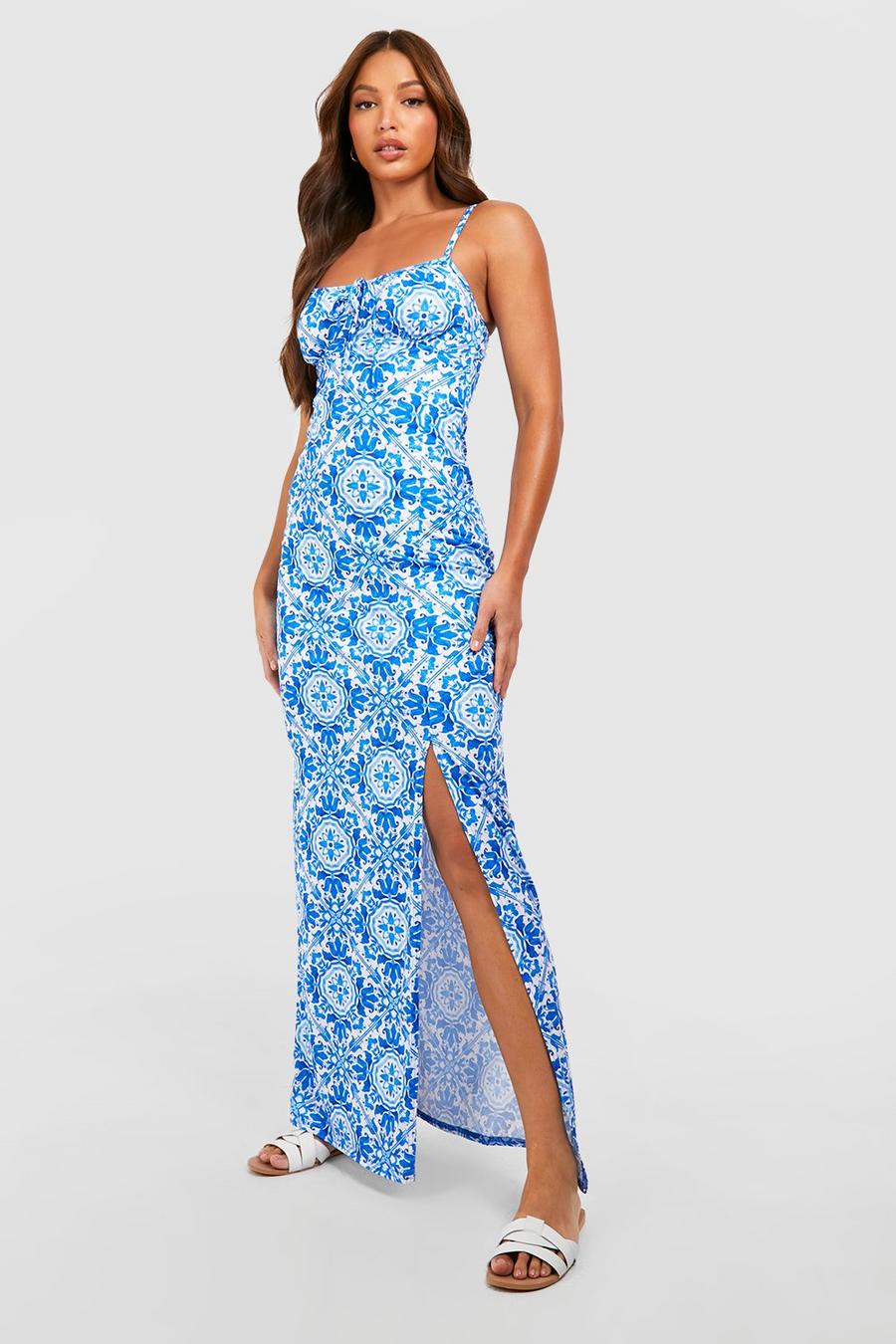 Blue Tall Tile Print Tie Front Split Side Maxi Dress 