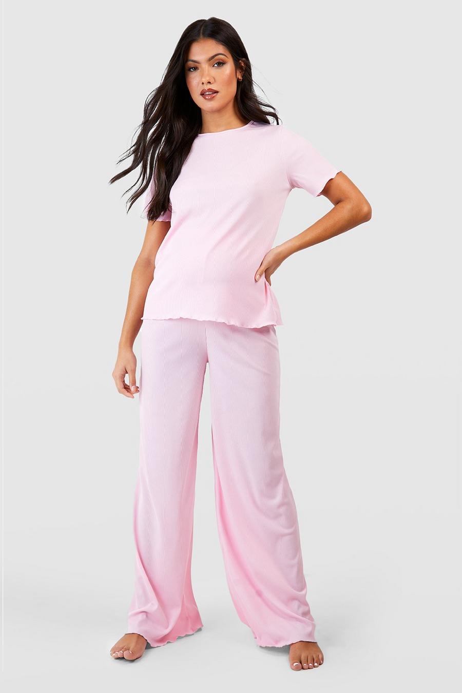 Umstandsmode geripptes Loungewear-Set mit gekräuseltem Saum, Pink image number 1