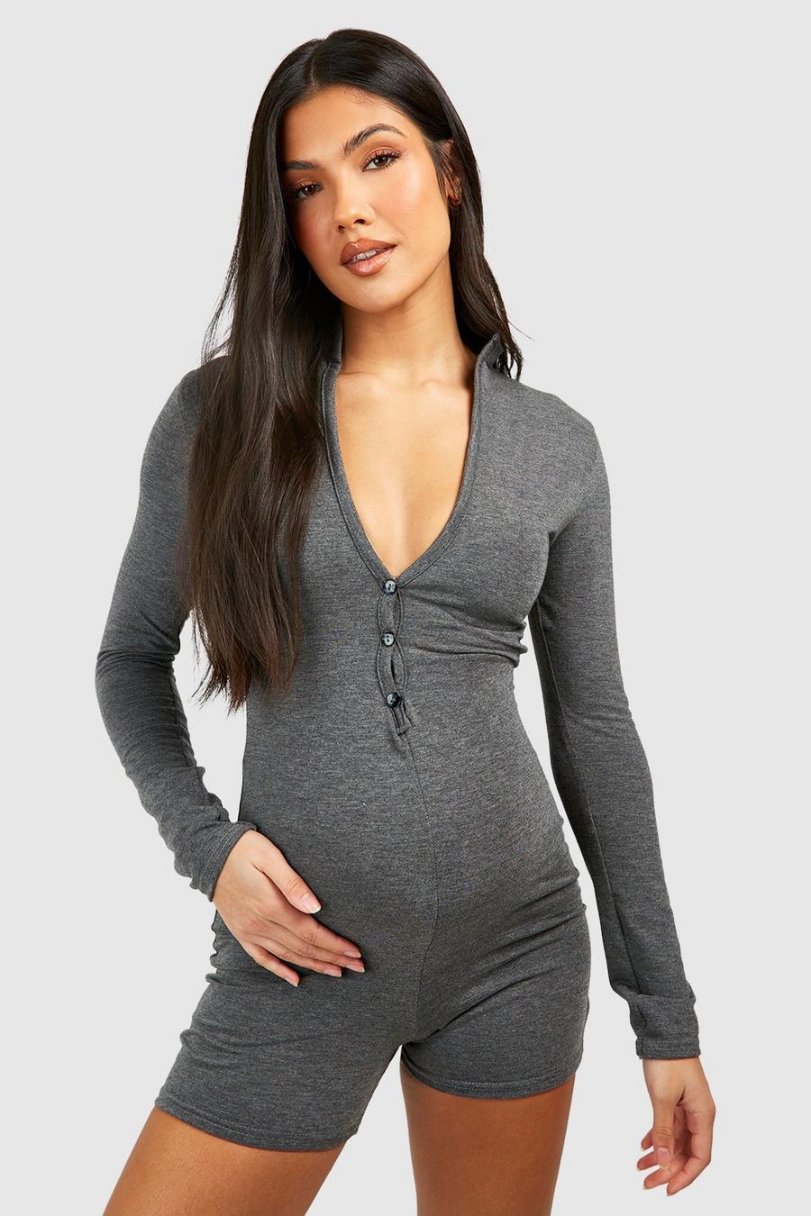 Charcoal Maternity Rib Button Down Romper image number 1
