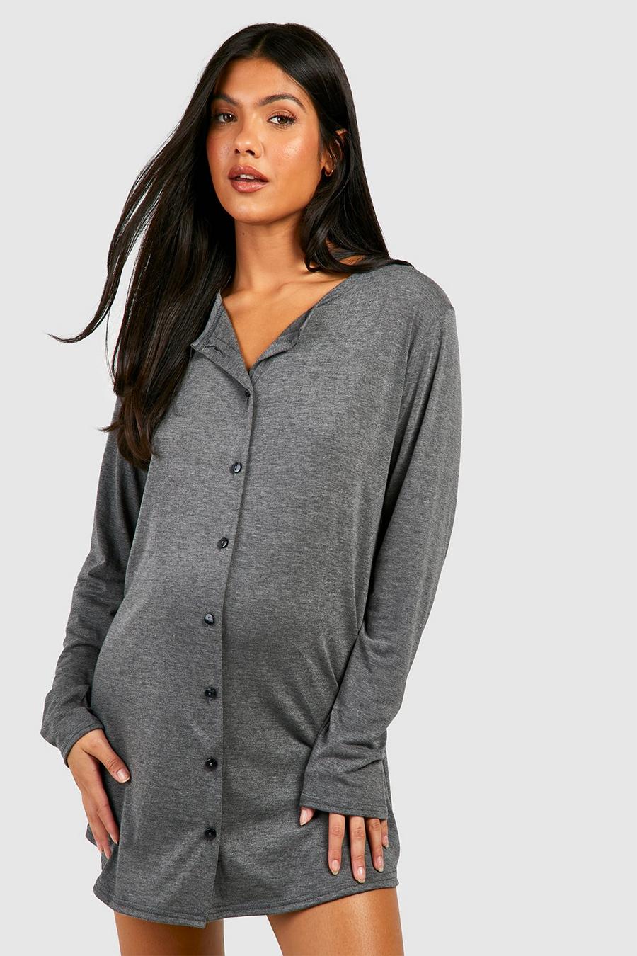 Charcoal grey Maternity Long Sleeve Peached Jersey Button Down Nightie