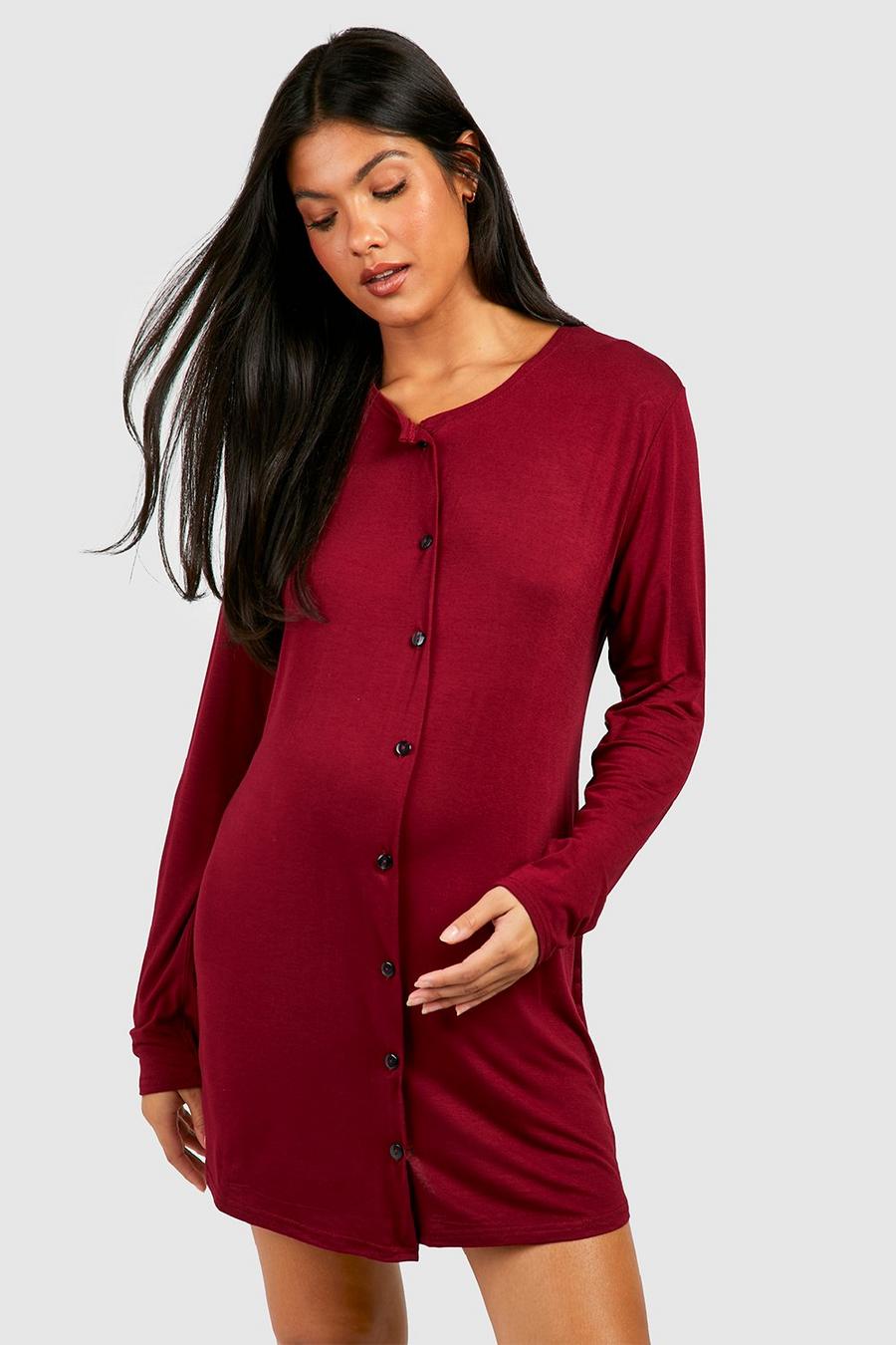 Wine Maternity Long Sleeve Peached Jersey Button Down Nightie