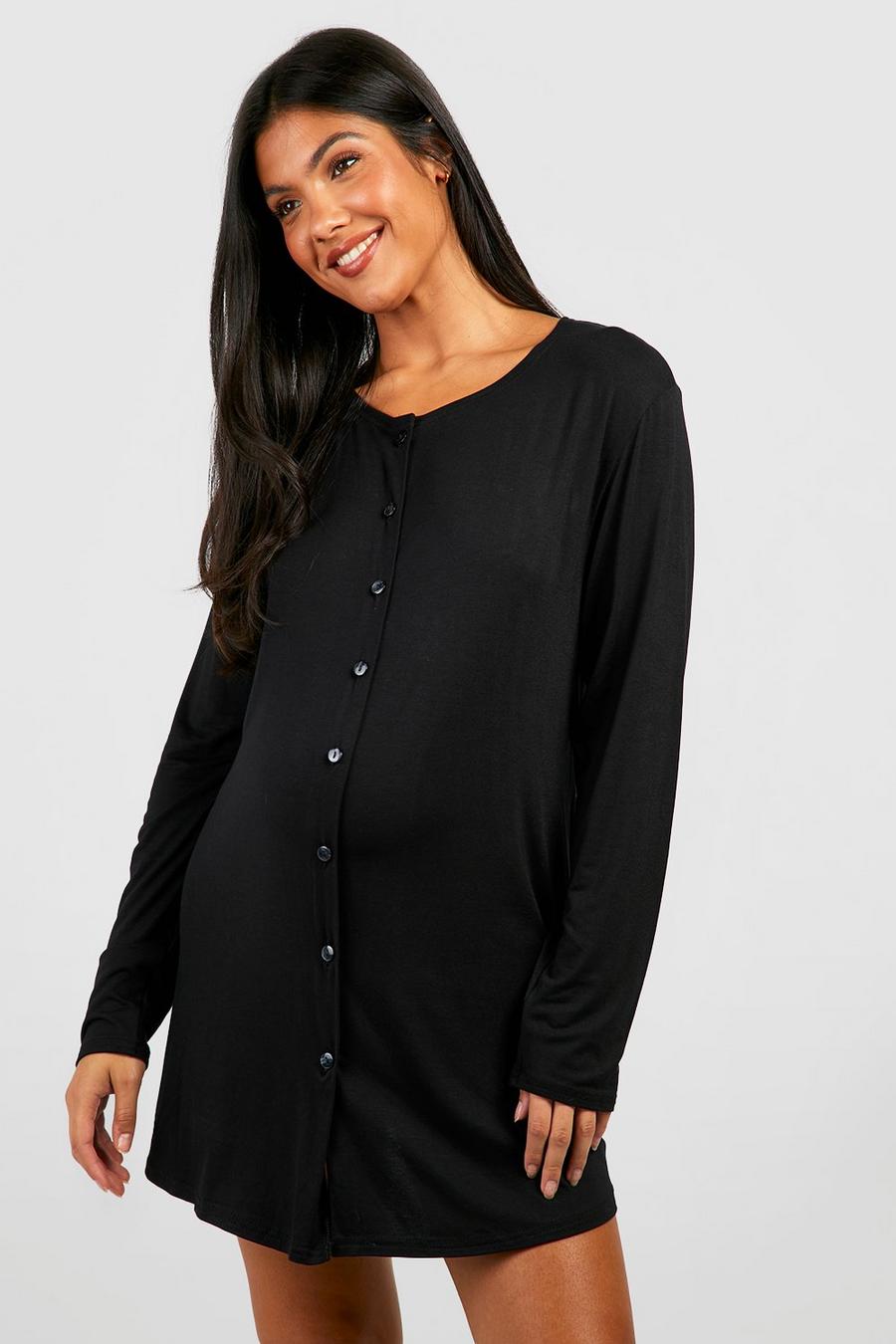 Black Maternity Long Sleeve Peached Jersey Button Down Nightie image number 1
