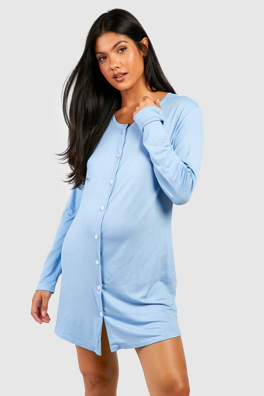 Blue Maternity Long Sleeve Peached Jersey Knit Button Down Nightgown
