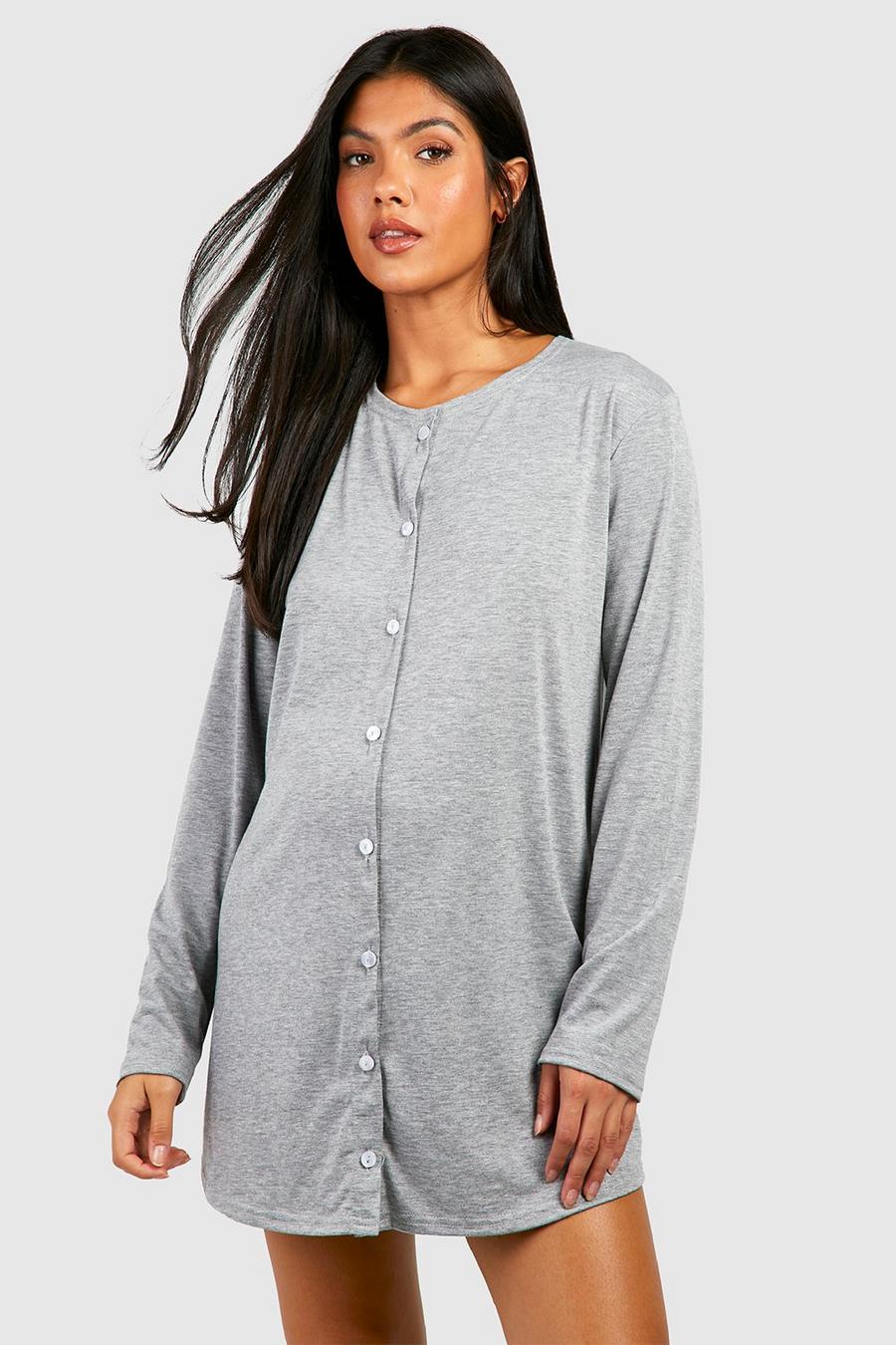 Grey marl Maternity Long Sleeve Peached Jersey Knit Button Down Nightgown