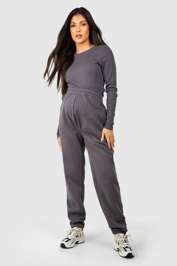 Maternity Ribbed Crew Neck Top And Jogger Set charcoal