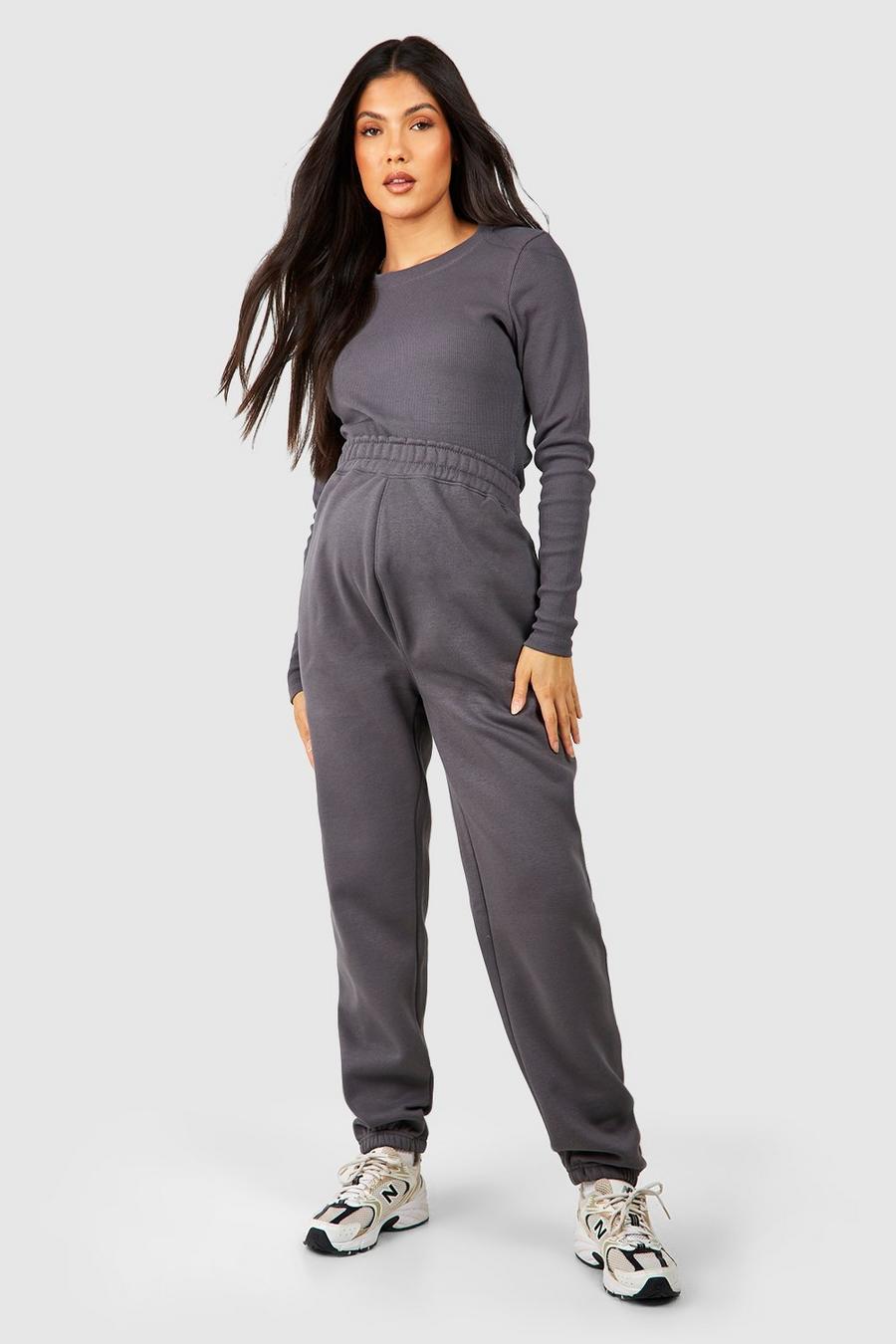 Charcoal Maternity Ribbed Crew Neck Top And Jogger Set image number 1