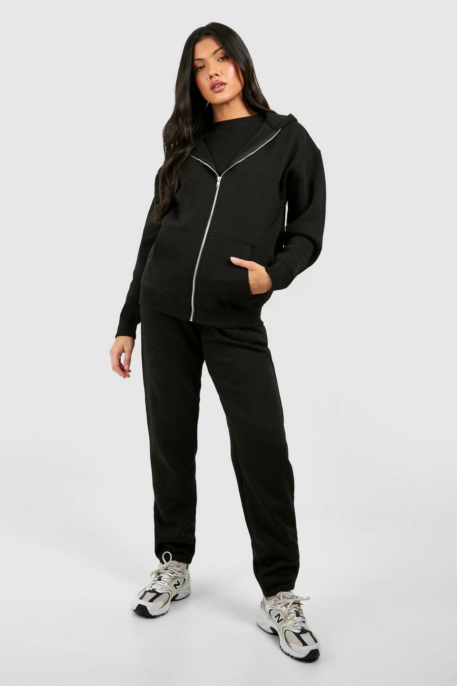 Black Maternity Ribbed Fitted T-shirt 3 Piece Hooded Tracksuit
