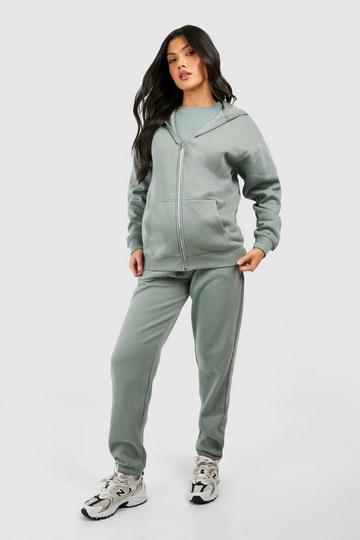 Sage Green Maternity Ribbed Fitted T-shirt 3 Piece Hooded Tracksuit