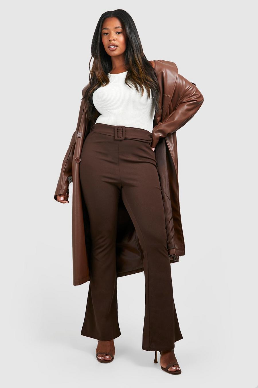 Pantaloni a zampa Plus Size in crêpe con cintura, Chocolate