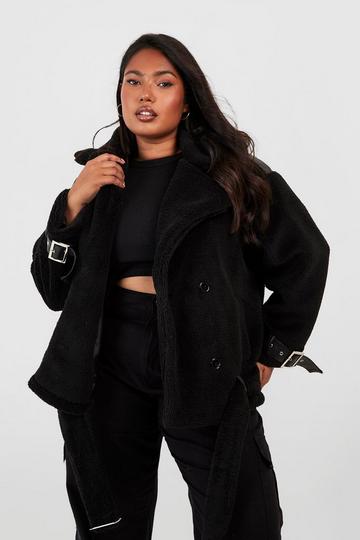 Black Plus Teddy Fur Belted Aviator Jacket