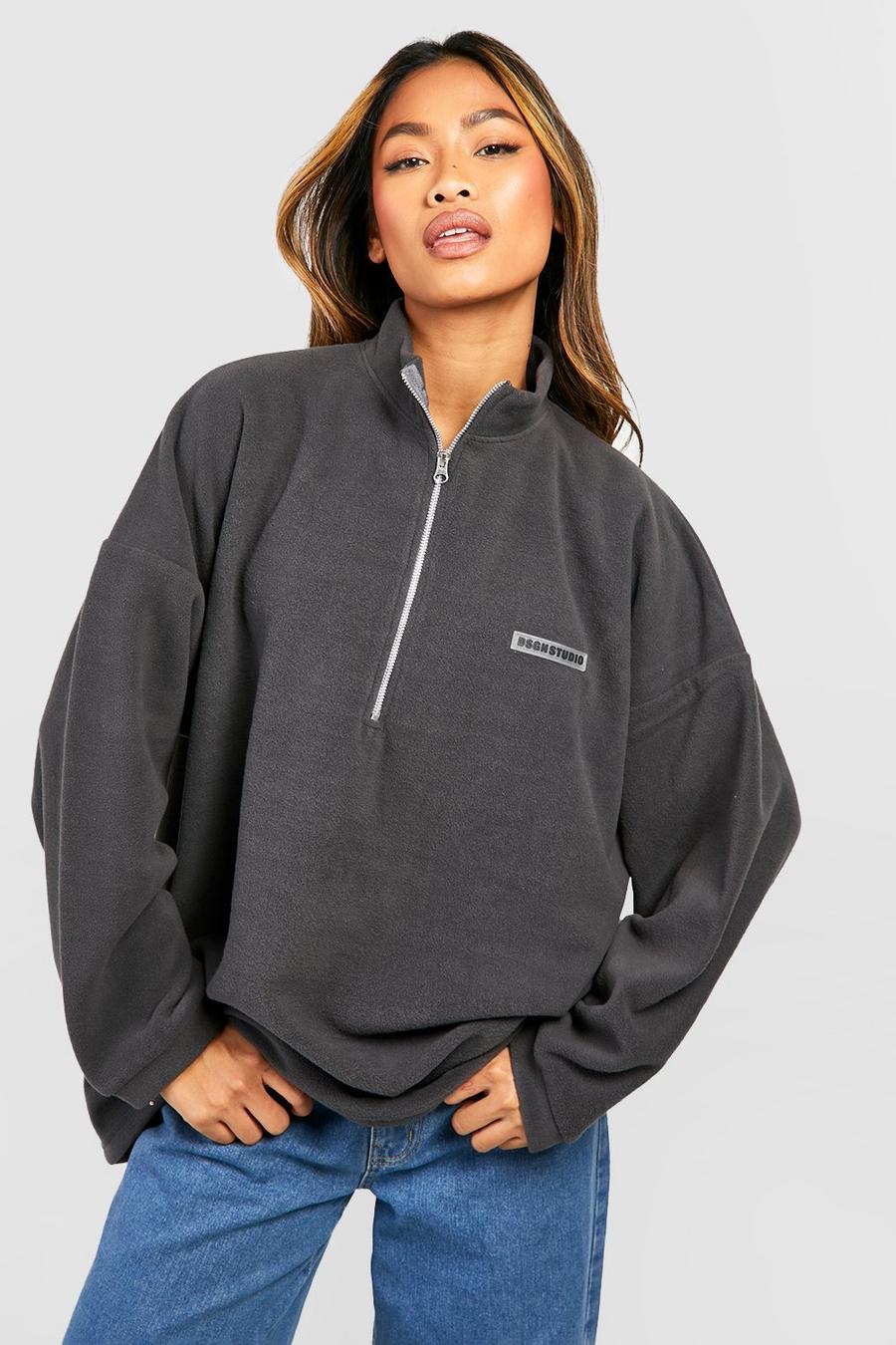 Charcoal Dsgn Studio Half Zip Polar Fleece Oversized Sweatshirt 