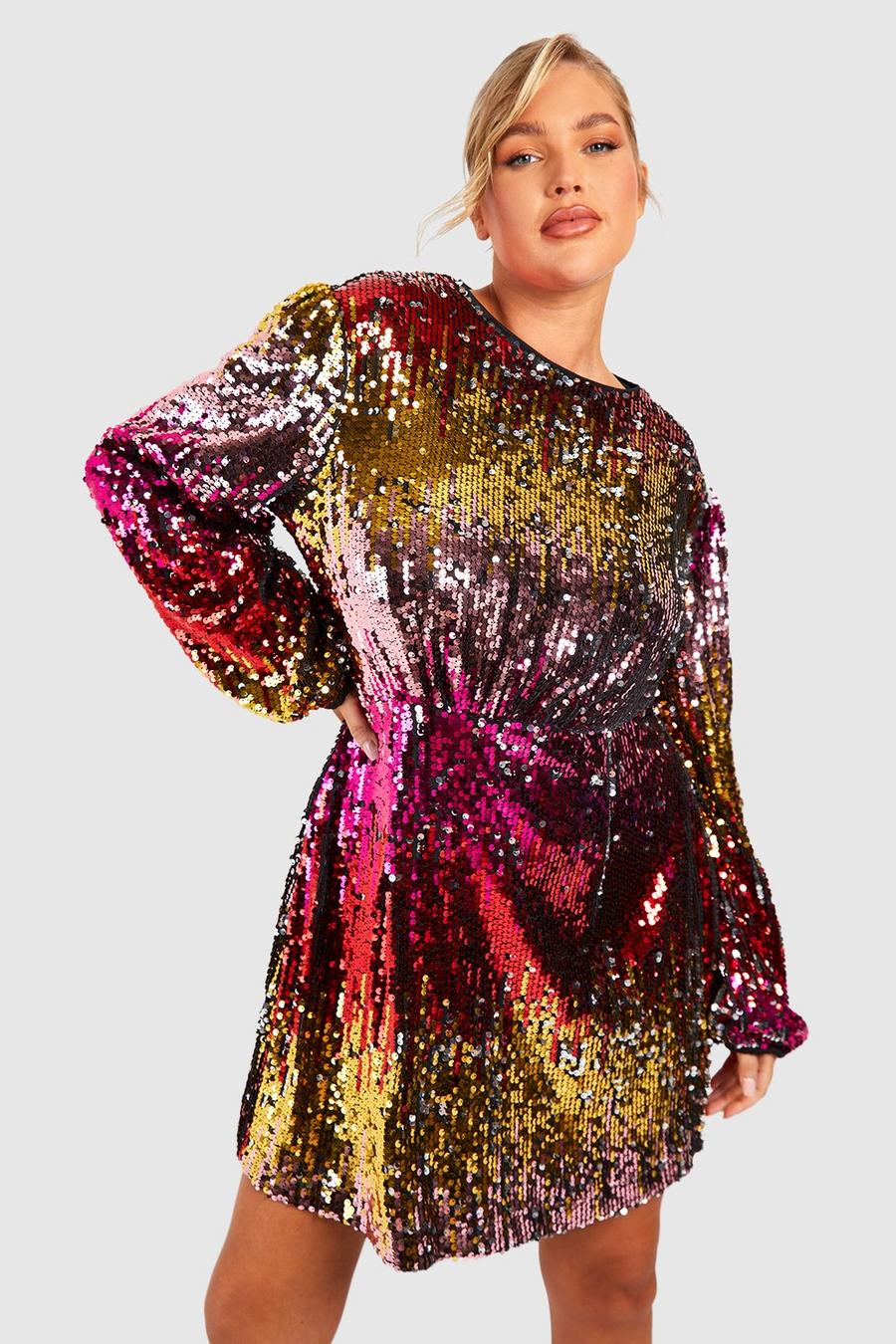 Plus Pailetten-Kleid mit Farbverlauf und Blouson-Ärmeln, Multi image number 1