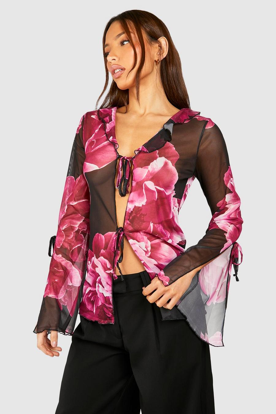 Tall Floral Mesh Tie Detail Blouse image number 1
