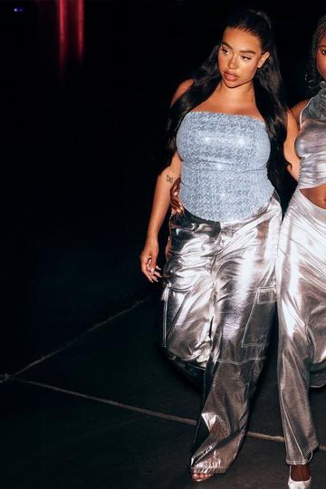 Silver Metallic High Waisted Cargo Pants