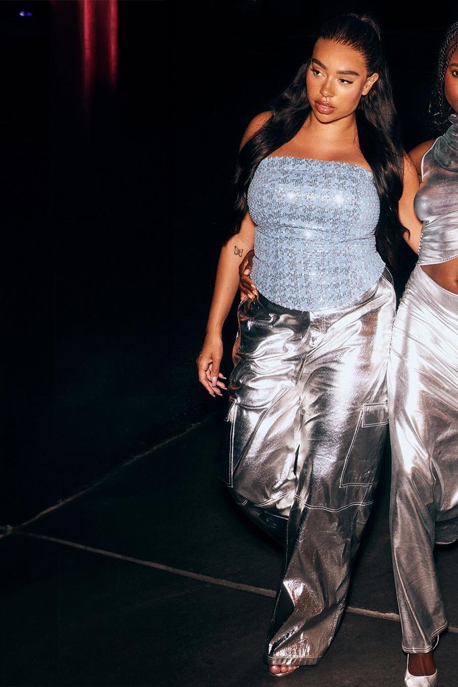 Silver Metallic High Waisted Cargo Pants image number 1