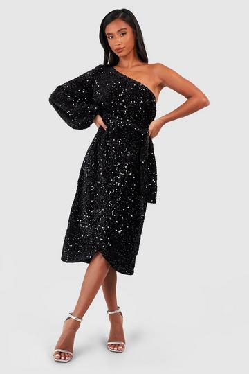 Petite Velvet Sequin Asymmetric Wrap Midi Dress black