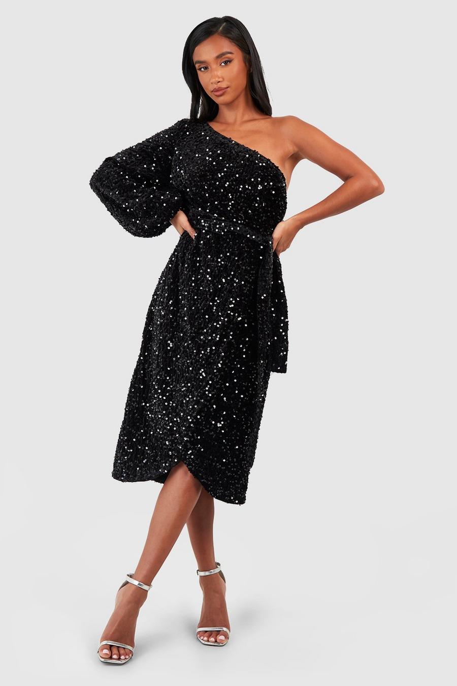 Black Petite Velvet Sequin Asymmetric Wrap Midi Dress image number 1