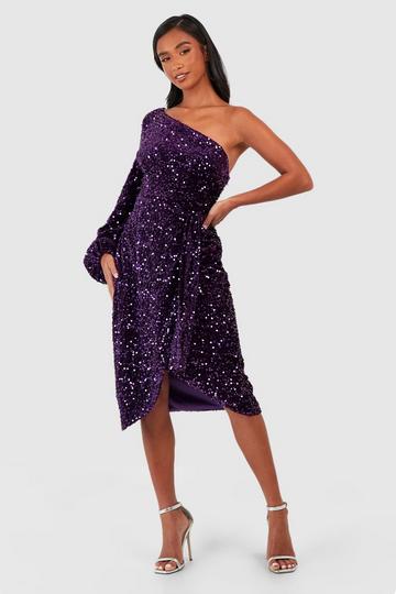 Plum Purple Petite Velvet Sequin Asymmetric Wrap Midi Dress