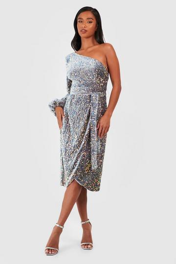 Petite Velvet Sequin Asymmetric Wrap Midi Dress silver