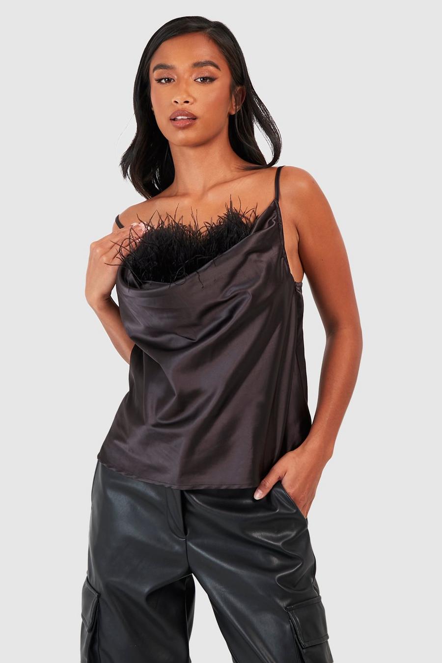 Black Petite Satin Feather Cowl Camisole image number 1