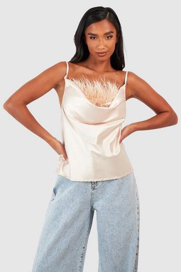 Petite Satin Feather Cowl Cami Top champagne