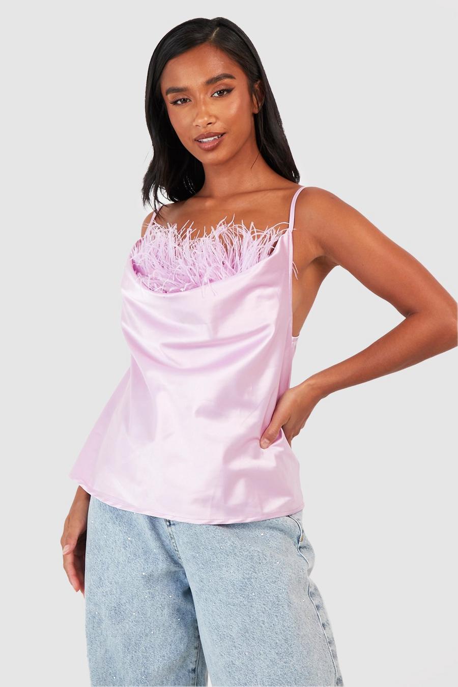 Lilac Petite Satin Feather Cowl Cami Top image number 1