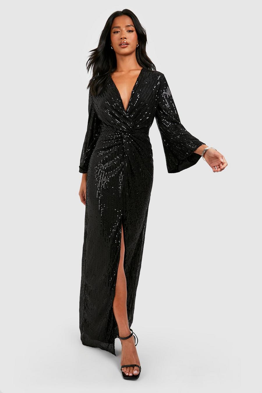 Black Petite Sequin Knot Front Angel Sleeve Maxi Dress image number 1