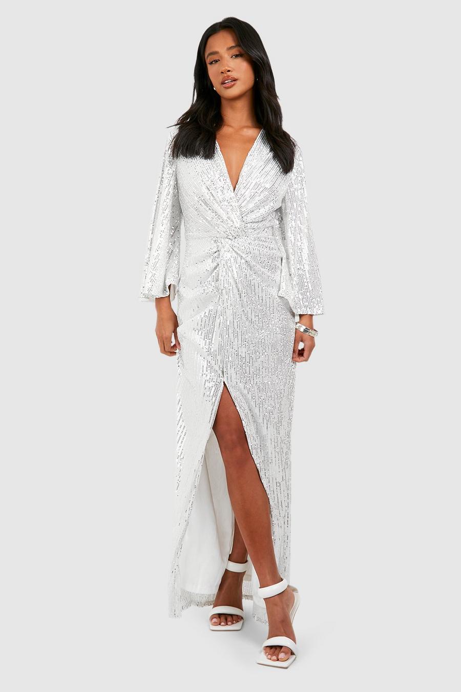 Silver Petite Sequin Knot Front Angel Sleeve Maxi Dress image number 1