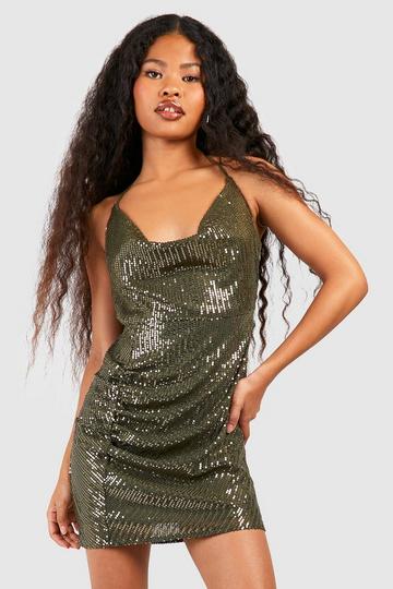 Petite Glitter Halter Midi Jurk Met Pailletten En Losse Col khaki